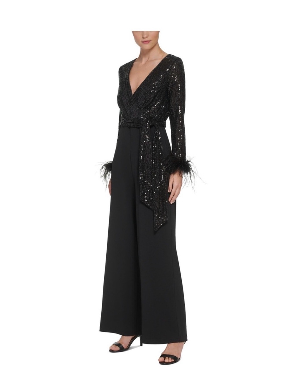 Eliza J NWT Black Sequin Feather Trim Wide Leg Jumpsuit 20W $288. Formal